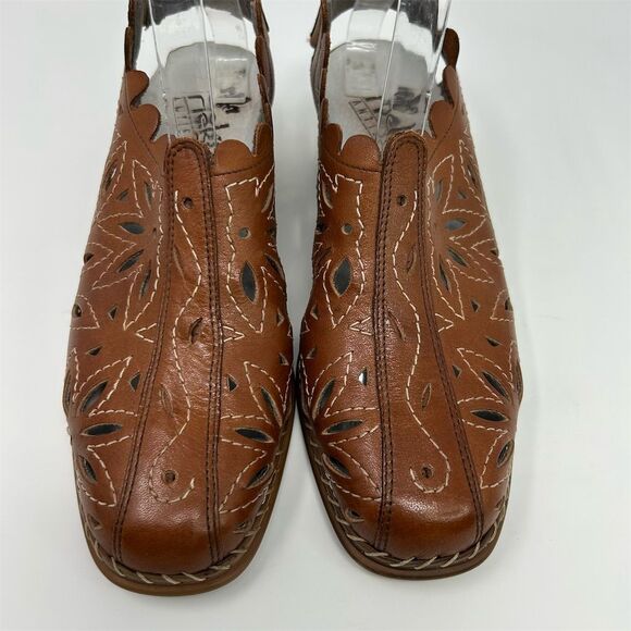 Rieker Brown Leather Slingback Sandals Size 39 (US 8) Cutout Floral Design - Picture 5 of 13